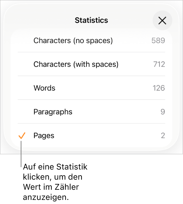 Das Menü „Statistik“ mit Optionen zum Anzeigen der Zahl der Zeichen ohne und mit Leerzeichen, der Wortanzahl, der Zahl der Absätze und der Zahl der Seiten