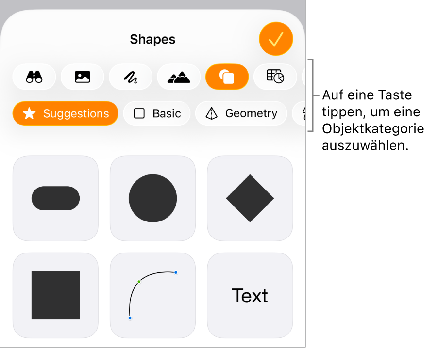 Die Steuerelemente „Einfügen“ mit Tasten zum Hinzufügen von Tabellen, Diagrammen, Text, Formen und Medien oben