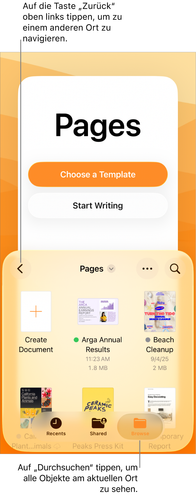 Die Darstellung zum Durchsuchen des Dokumentenmanagers mit der Taste „Zurück“ oben links und dem Suchfeld darunter. Unter dem Suchfeld befindet sich eine Taste „Dokument erstellen“ neben Miniaturen von vorhandenen Dokumenten. Oben rechts sind die Tasten „Zuletzt benutzt“, „Geteilt“ und „Durchsuchen“.