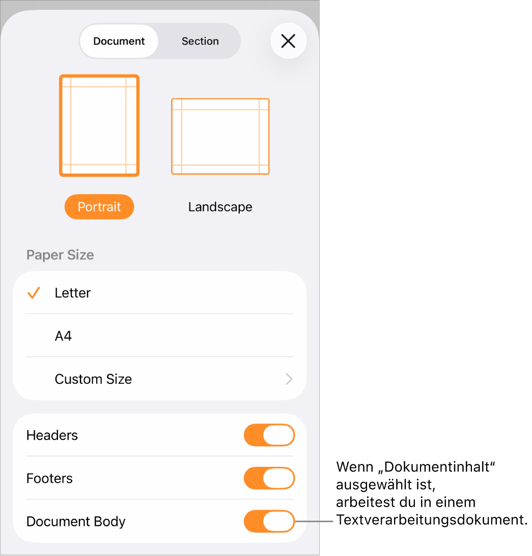 Die geöffnete Dokumentkonfiguration mit dem markierten Feld „Dokumentinhalt“ in einem Textverarbeitungsdokument.