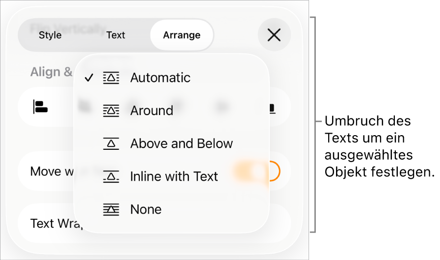 Die Steuerelemente für Textumbruch mit Einstellungen für „Automatisch“, „Um das Objekt“, „Über und unter“, „In Text eingebunden“ und „Ohne“.