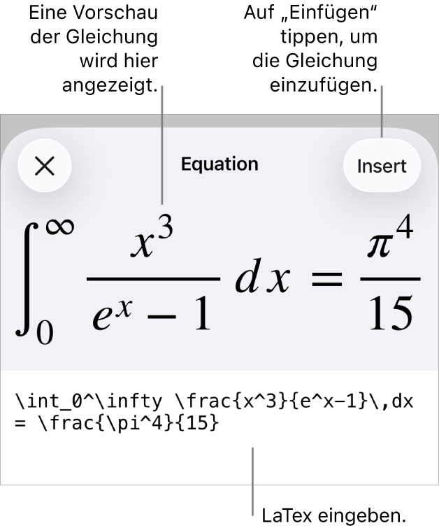 Im Dialogfenster „Gleichung“ wird eine Gleichung angezeigt, die mit LaTex-Befehlen geschrieben wurde, darüber wird eine Vorschau der Formel angezeigt.