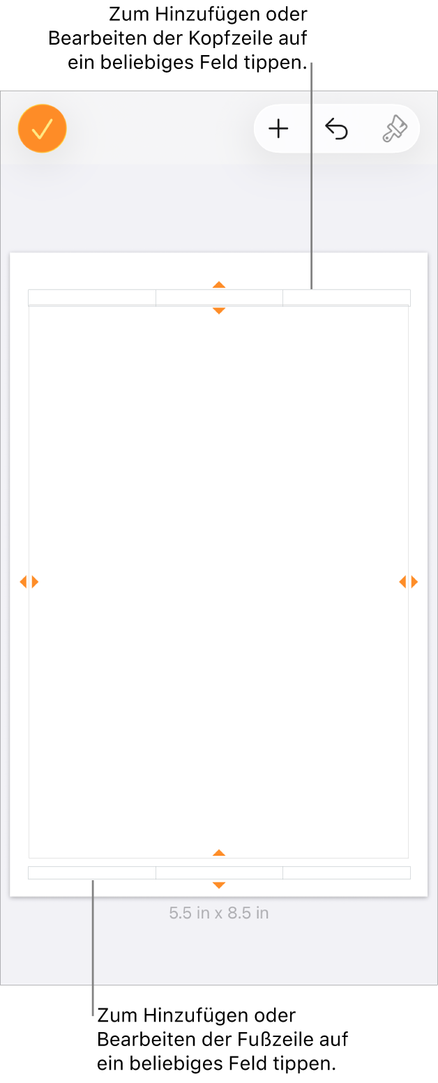 Die Darstellung „Weitere Optionen“ mit drei Feldern für Kopfzeilen oben im Dokument und drei Feldern für Fußzeilen unten im Dokument.