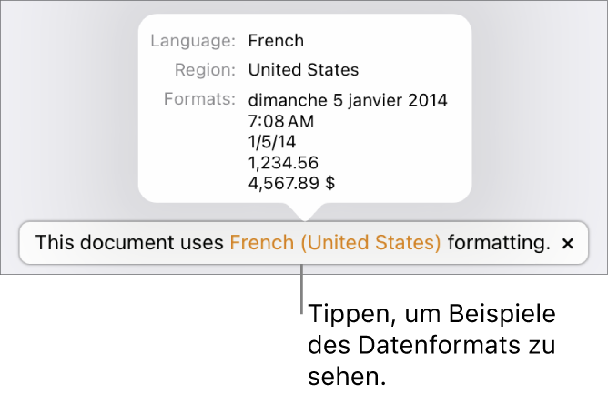 Die Mitteilung zur anderen Sprache und Region mit Beispielen der Formatierung in dieser Sprache und Region.
