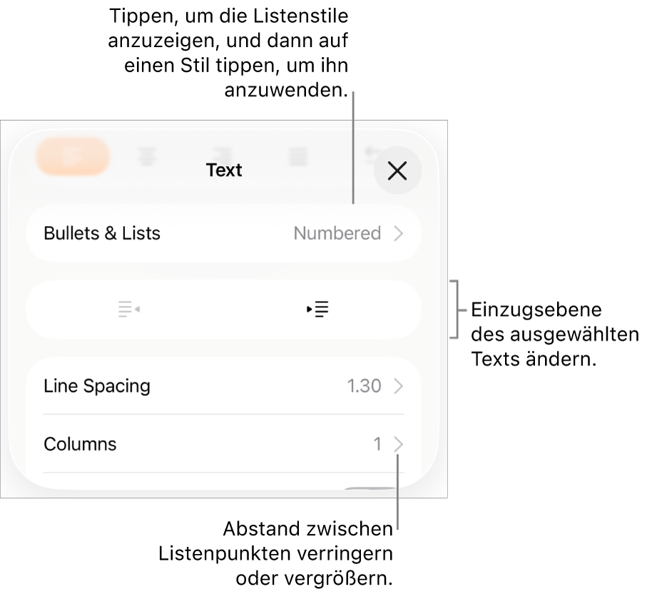 Der Abschnitt „Listen & Punkte“ der Formatsteuerungen mit Beschreibungen für „Listen & Punkte“, den Tasten „Einrücken“ und „Ausrücken“ und Steuerelemente für den Zeilenabstand.