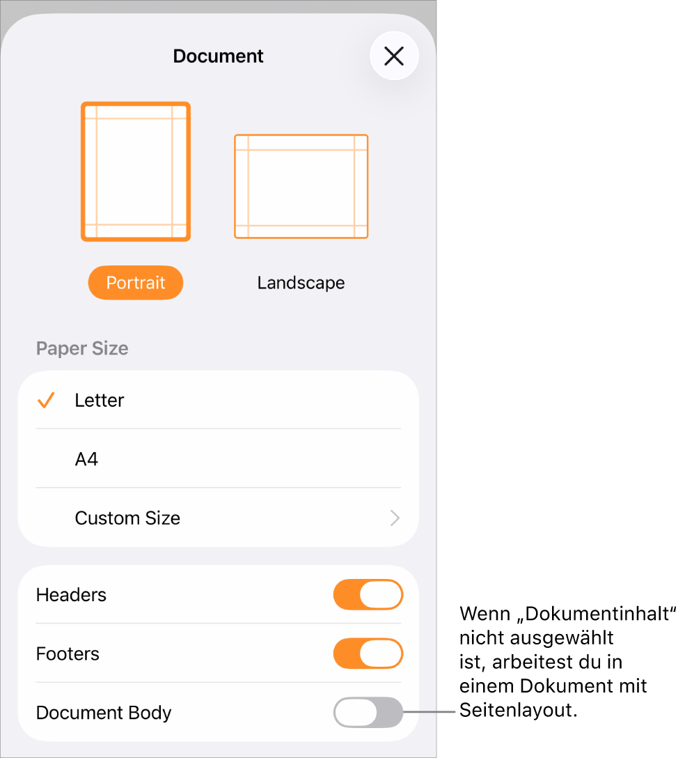 Die geöffnete Dokumentkonfiguration mit dem unmarkierten Feld „Dokumentinhalt“ in einem Seitenlayoutdokument.