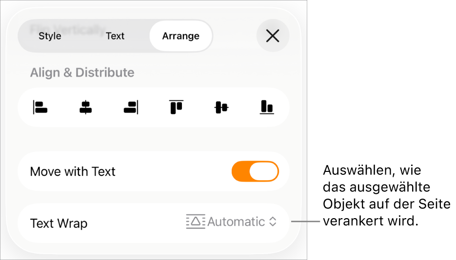 Die Steuerelemente zum Anordnen mit „Mit Text bewegen“ und „Textumbruch“