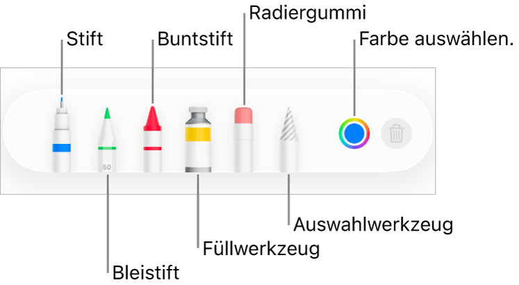 Die Zeichen-Symbolleiste in Pages auf dem iPhone mit Werkzeugen wie Stift, Bleistift, Buntstift, Füllwerkzeug, Radiererwerkzeug, Auswahlwerkzeug und Farbfeld mit der aktuellen Farbe