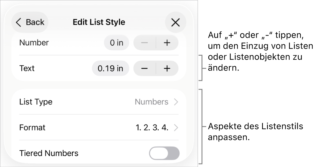 Das Menü „Listenstil bearbeiten“ mit Steuerelementen für Einzug, Listenart und -format, abgestufte Nummerierung sowie Zeilenabstand.