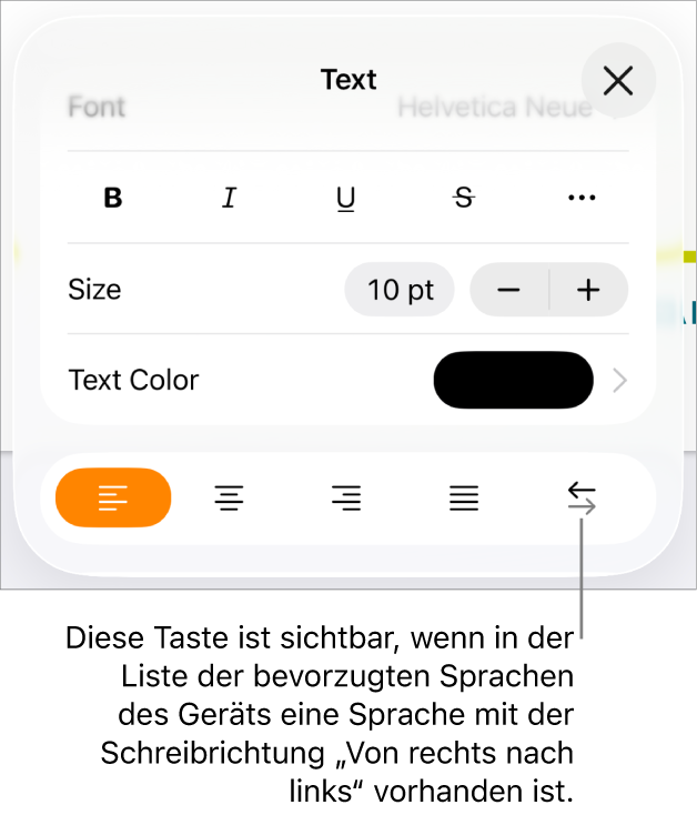 Die Textsteuerelemente im Menü „Format“ mit einer Beschreibung der Taste „Von rechts nach links“