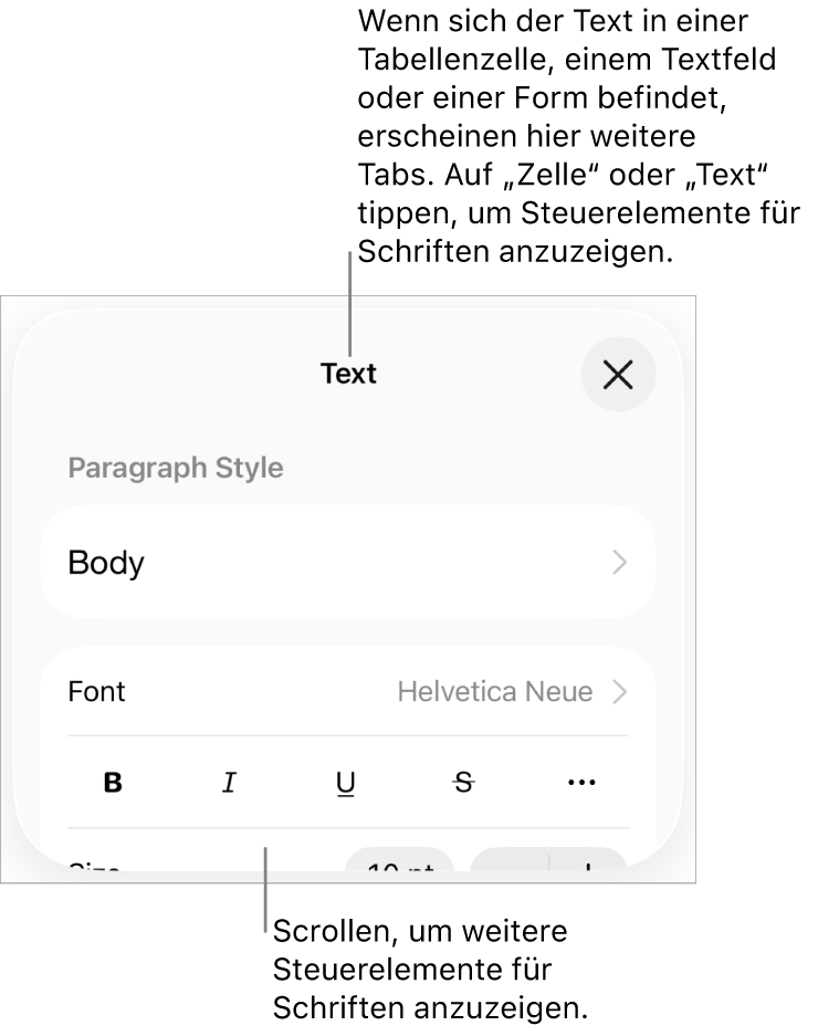 Textsteuerelemente im Menü „Format“ zum Festlegen von Absatz- und Zeichenstilen, Schrift, Größe und Farbe