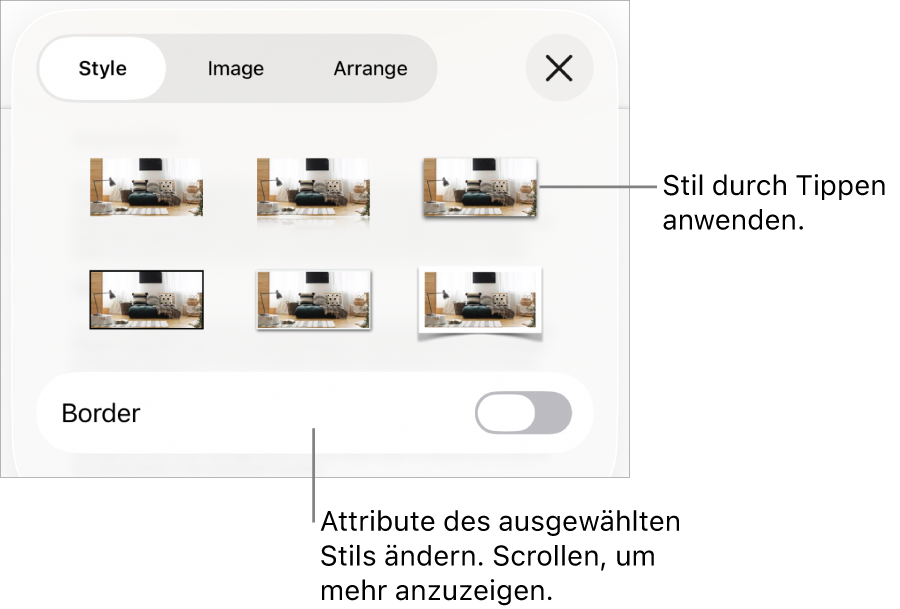 Der Tab „Stil“ des Menüs „Format“ mit Objektstilen oben und darunter einem Steuerelement zum Ändern des Rahmens