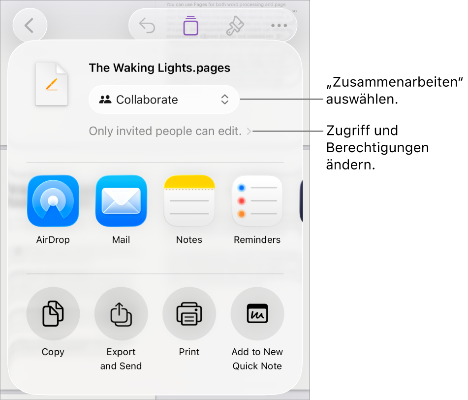 Im Menü „Teilen“ ist „Zusammenarbeiten“ oben ausgewählt und die Einstellungen für Zugriff und Berechtigungen befinden sich darunter.