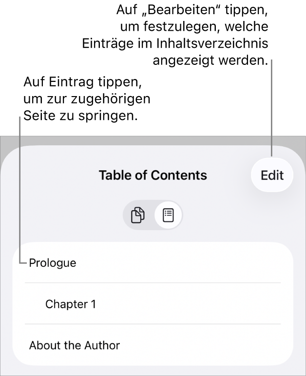 Das Inhaltsverzeichnis mit den Überschriften in Listenform. Die Taste „Bearbeiten“ befindet sich in der oberen rechten Ecke. Unten sind die Tasten „Seitenminiaturen“ und „Inhaltsverzeichnis“ zu sehen.