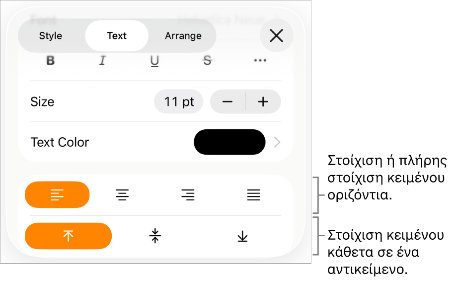 Το τμήμα «Διάταξη» με επεξηγήσεις στα κουμπιά στοίχισης και απόστασης κειμένου.