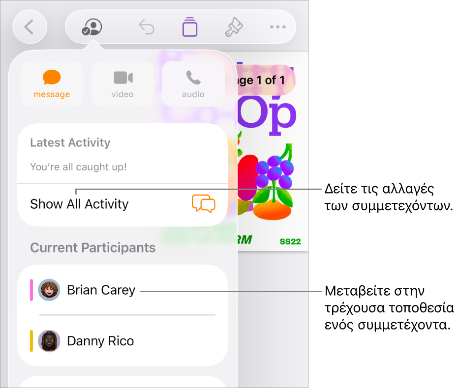 Το μενού συνεργασίας με τους τρέχοντες συμμετέχοντες.
