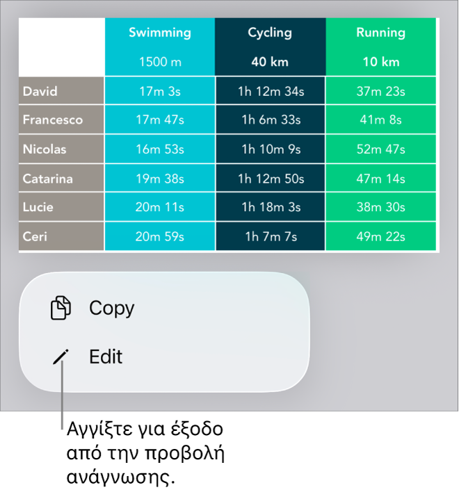 Ένας πίνακας είναι επιλεγμένος και από κάτω του φαίνεται ένα μενού με κουμπιά «Αντιγραφή» και «Επεξεργασία».