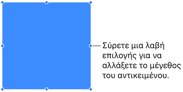 Ένα αντικείμενο με μπλε κουκκίδες στο περίγραμμά του για την αλλαγή του μεγέθους του αντικειμένου.