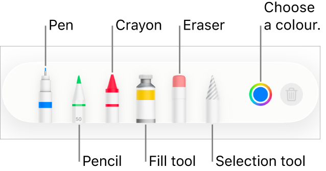 The drawing toolbar in Pages on iPhone with a pen, pencil, crayon, fill tool, eraser, selection tool and colour well showing the current colour.