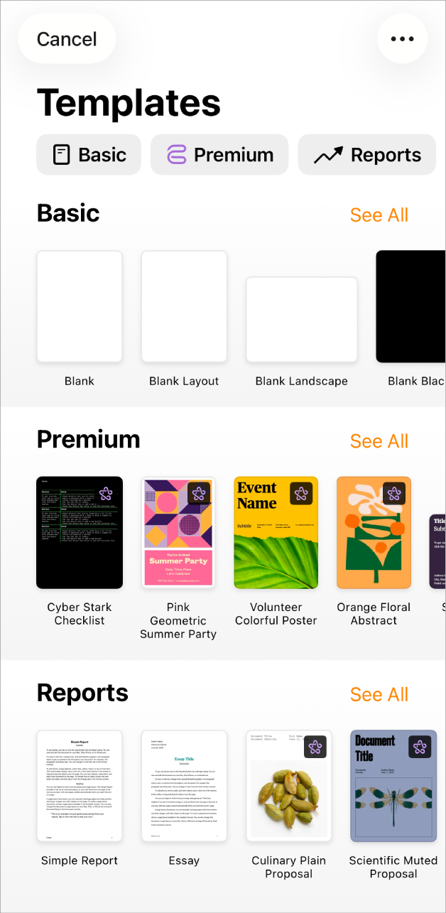 Pages welcome screen with options for Start Writing and Choose a Template at the top, with recent documents displayed at the bottom.