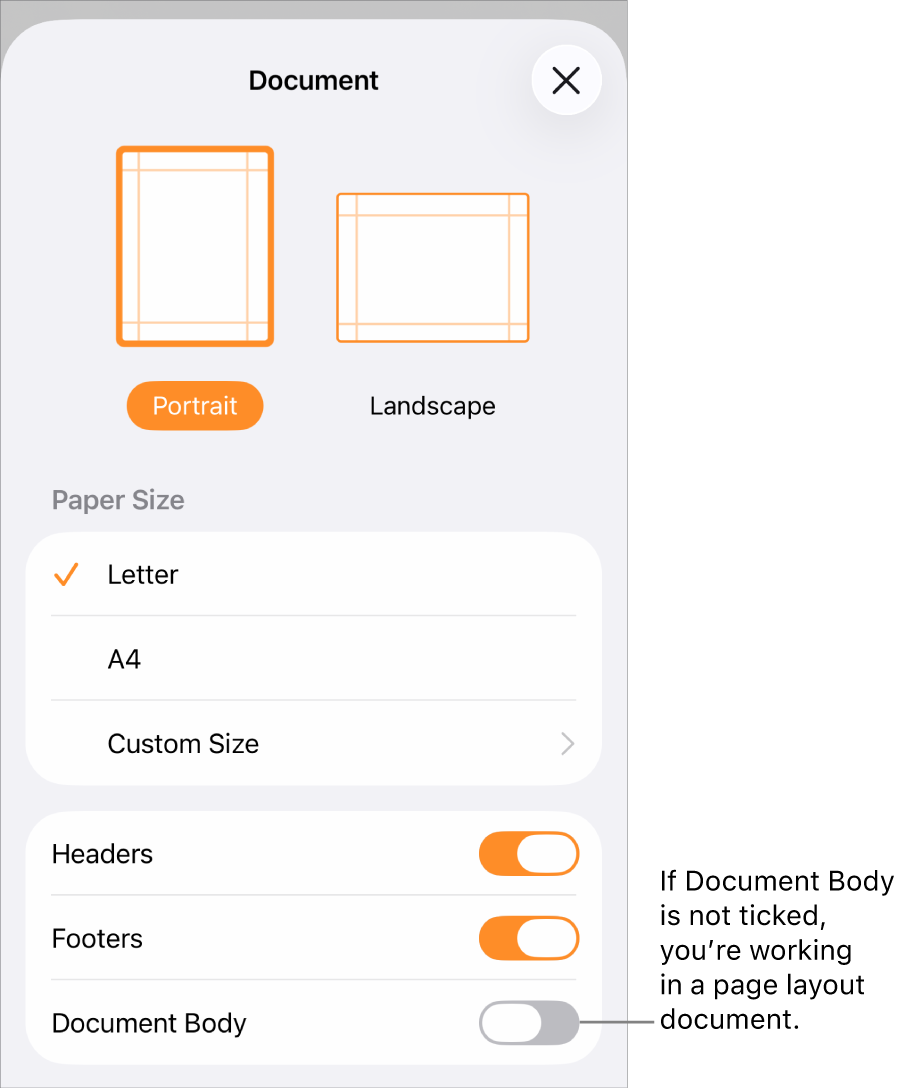 Document Set-Up open with Document Body unticked in a page layout document.