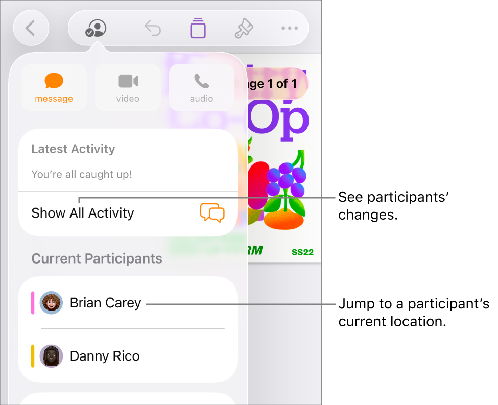 The collaboration menu with current participants listed.