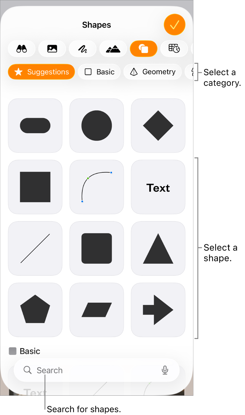 The shapes library, with categories at the top and shapes displayed below. You can use the search button at the top to find shapes and swipe to see more.