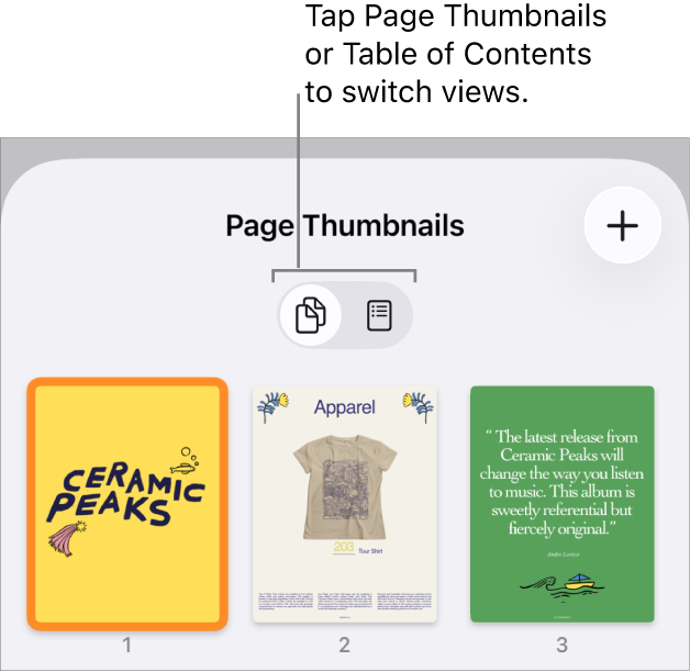 Page Thumbnails view with thumbnail images of each page. A Page Thumbnails button and Table of Contents button are at the bottom of the screen.