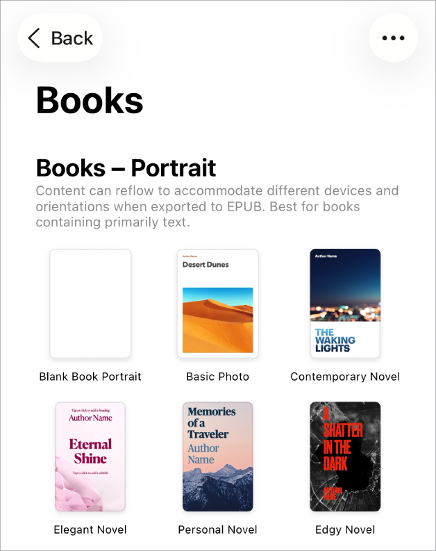 The template chooser with book templates in portrait orientation at the top and landscape orientation below.
