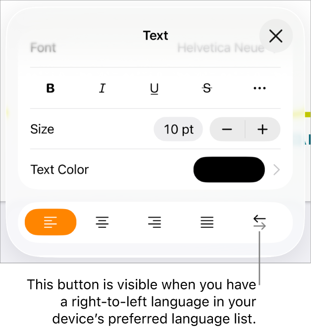 Text controls in the Format menu with a callout pointing to the Right to Left button.