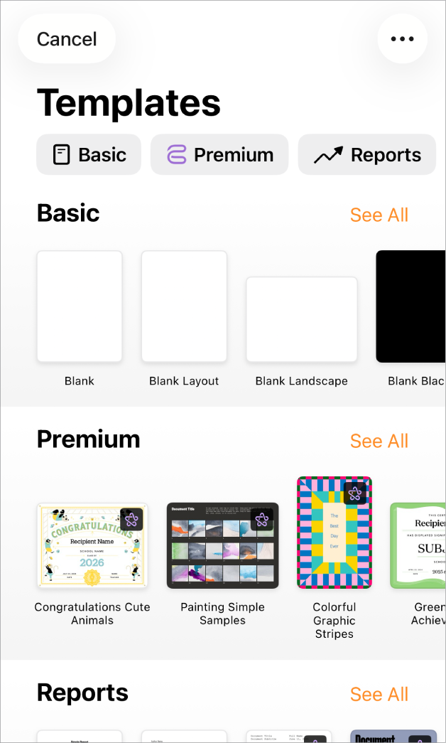The template chooser, showing a row of categories across the top that you can tap to filter the options. Below are thumbnails of pre-designed templates arranged in rows by category, starting with New at the top and followed by Recent and Basic. A See All button appears above and to the right of each category row. The Language and Region button is in the top-right corner.