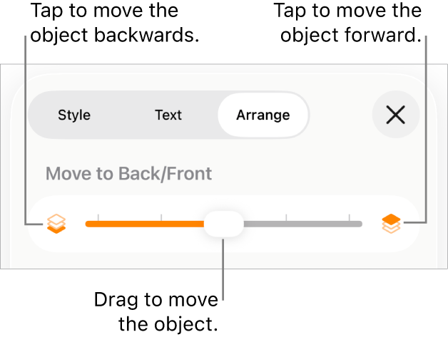 The Move Backward button, the Move Forward button and the layering slider.