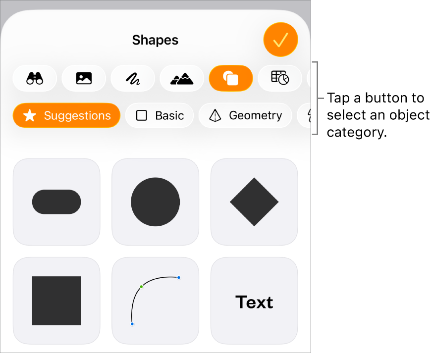 The controls for adding an object, with buttons at the top to choose tables, charts, and shapes (including lines and text boxes), and media.