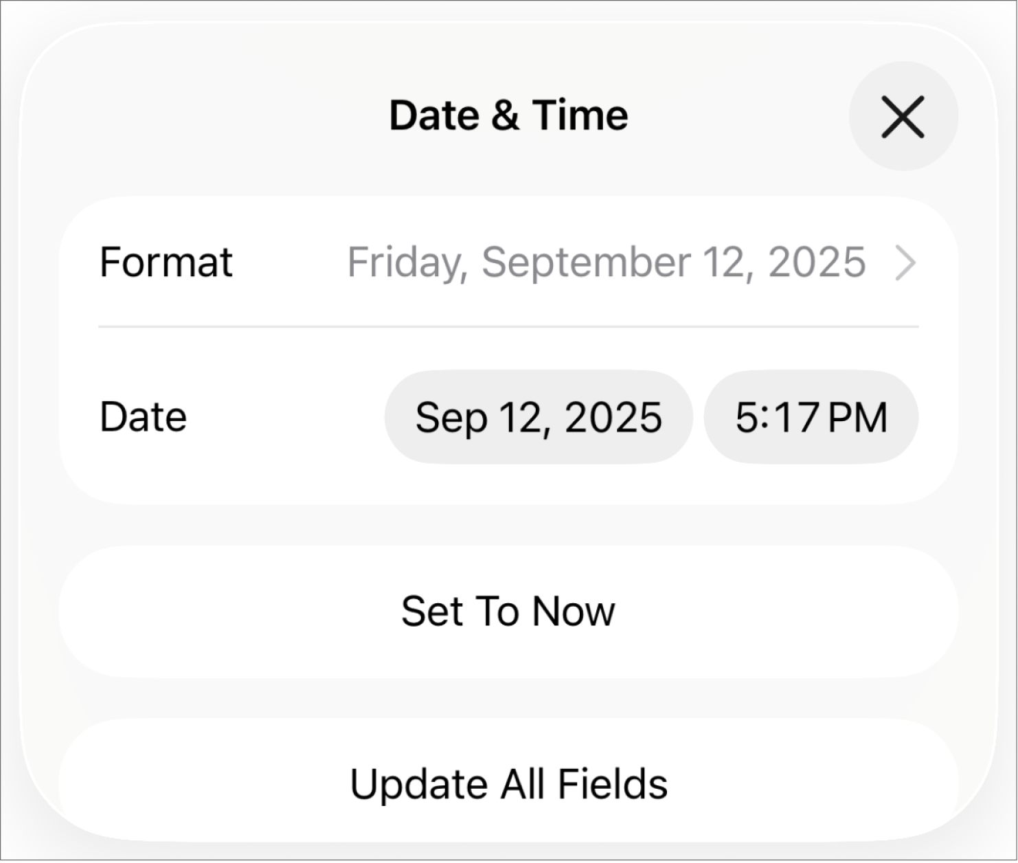 The Date & Time controls showing a pop-up menu for date Format, and Set to Now and Update All Fields buttons.