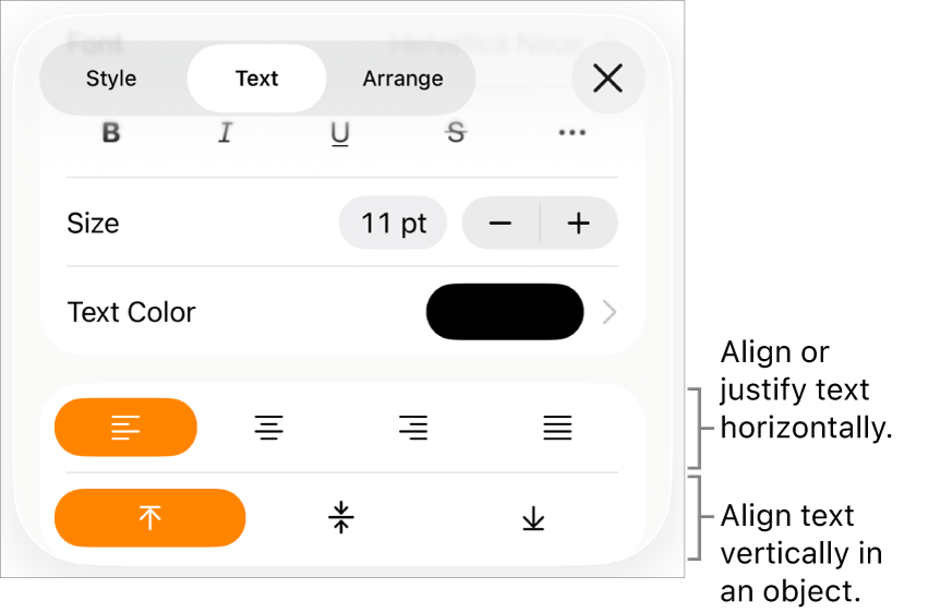 The Layout pane with callouts to the text alignment and spacing buttons.