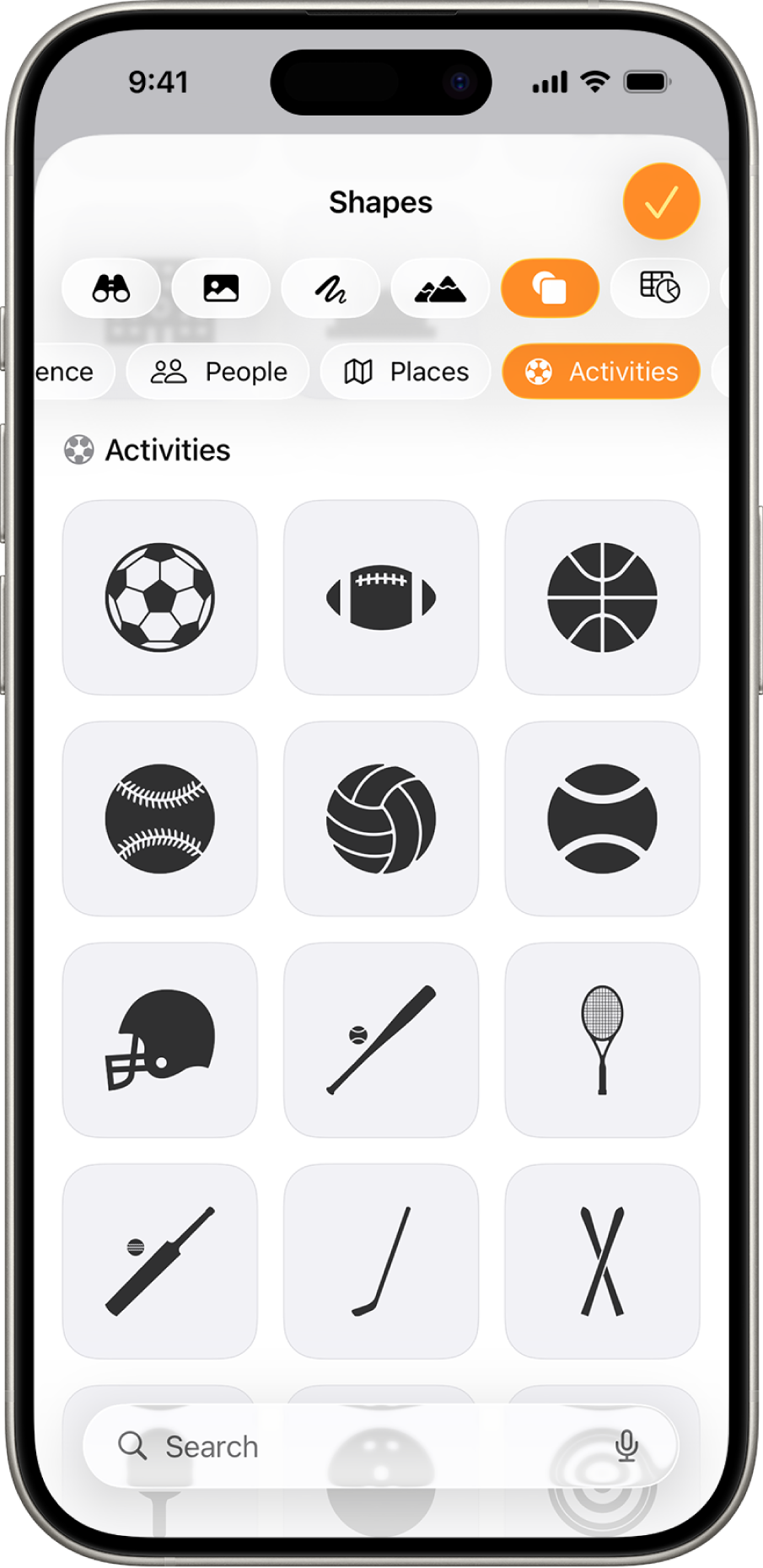 The Insert menu with buttons across the top to add tables, charts, shapes and media. Shapes is selected and its menu shows a row of categories with a Search button on the left. The category Activities is selected and shapes appear below.