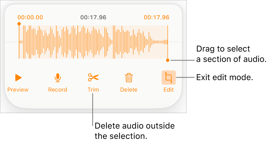 Controls for editing recorded audio. Handles indicate the selected section of the recording, and Preview, Record, Trim, Delete and Edit Mode buttons are below.