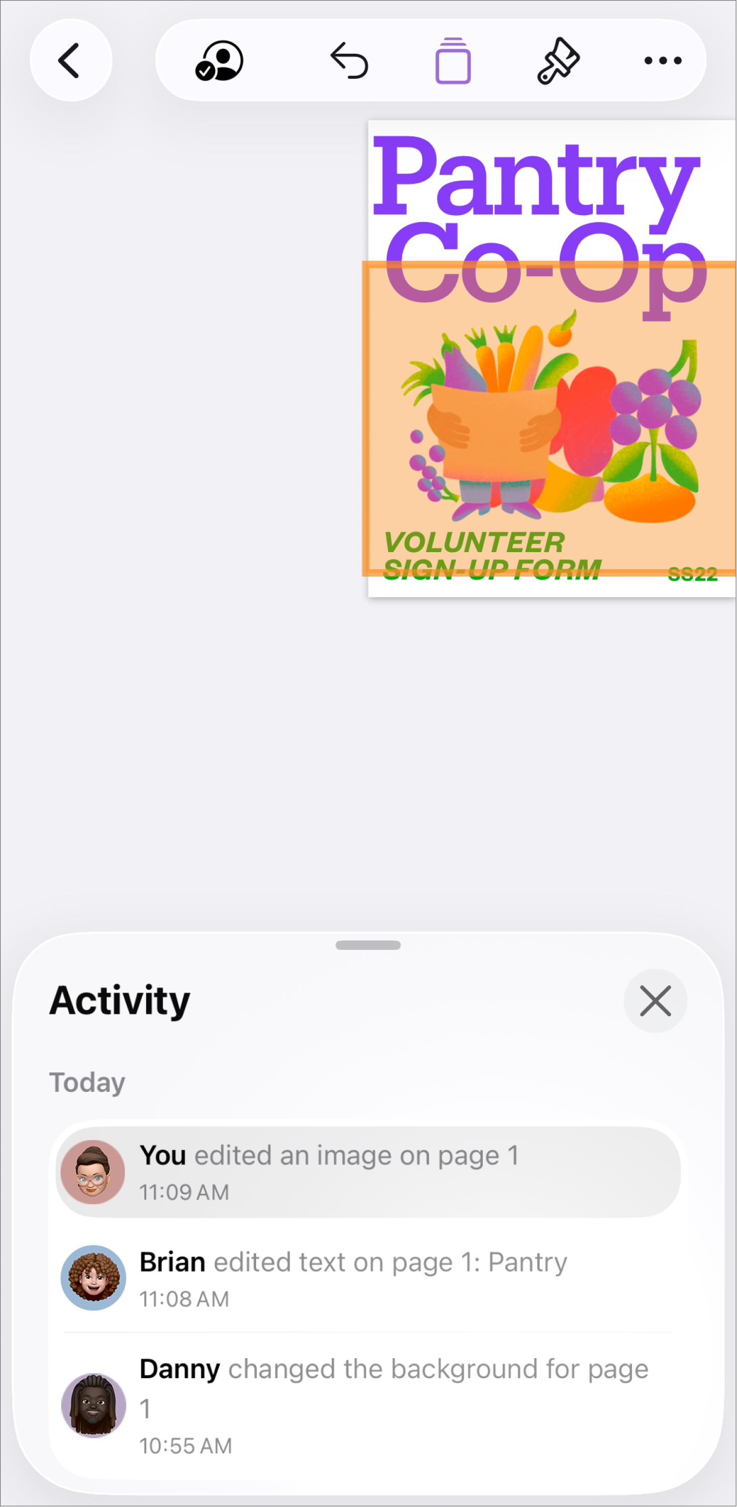 The collaboration menu with current participants listed.