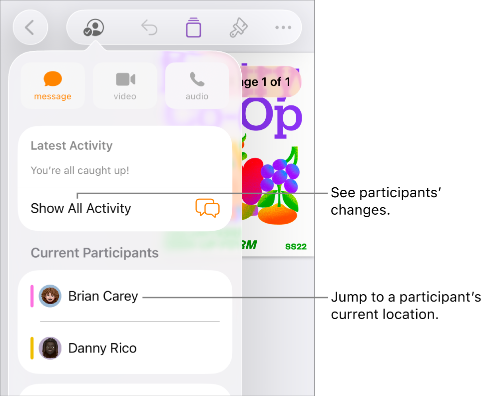 The collaboration menu with current participants listed.
