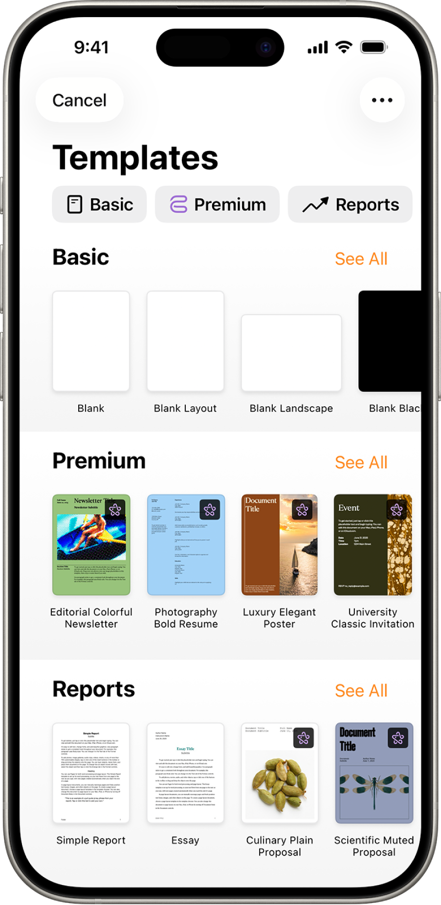 The template chooser, showing a row of categories across the top that you can tap to filter the options. Below are thumbnails of pre-designed templates arranged in rows by category, starting with New at the top and followed by Recents and Basic. A See All button appears above and to the right of each category row.