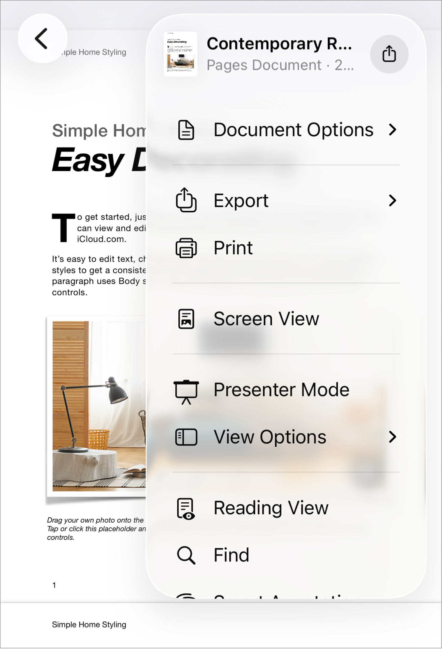 Share menu appears, with send options at the top, and Copy, Export and Send, Print, New Quick Note, Add Tags and Save to Files options below.