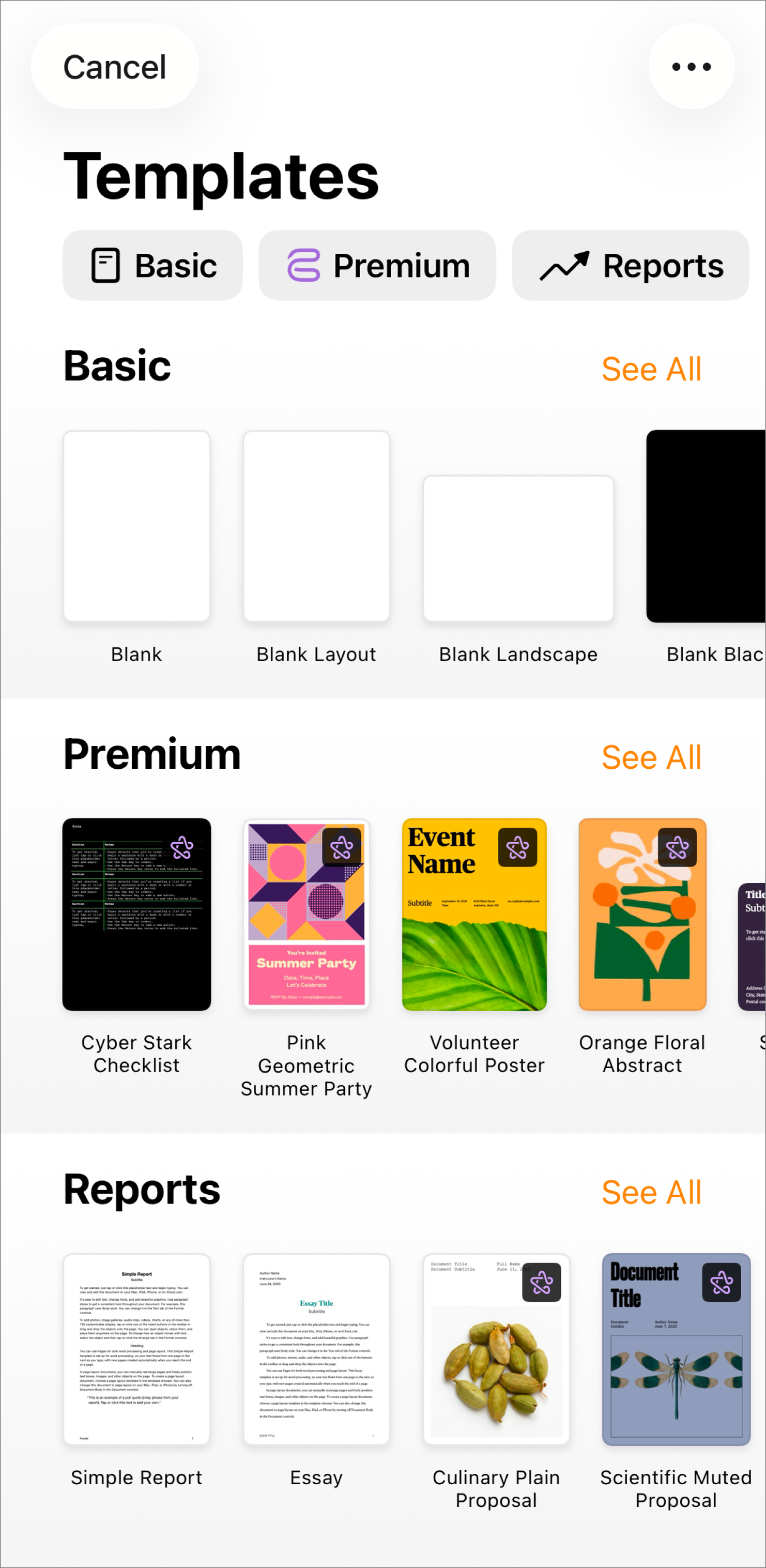 Pages welcome screen with options for Start Writing and Choose a Template at the top, with recent documents displayed at the bottom.