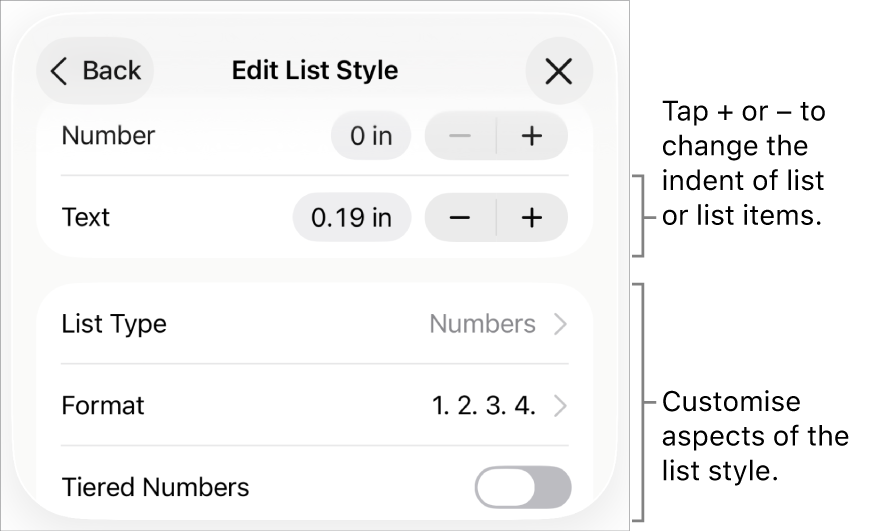 Edit List Style menu with controls for indent spacing, list type and format, tiered numbers and line spacing.