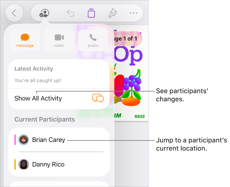 The collaboration menu with current participants listed.