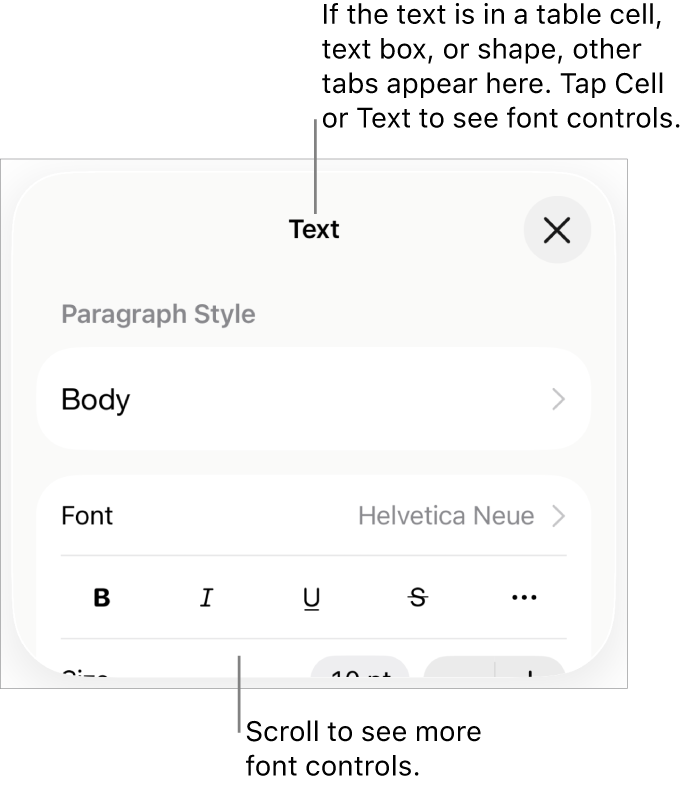Text controls in the Format menu for setting paragraph and character styles, font, size, and color.