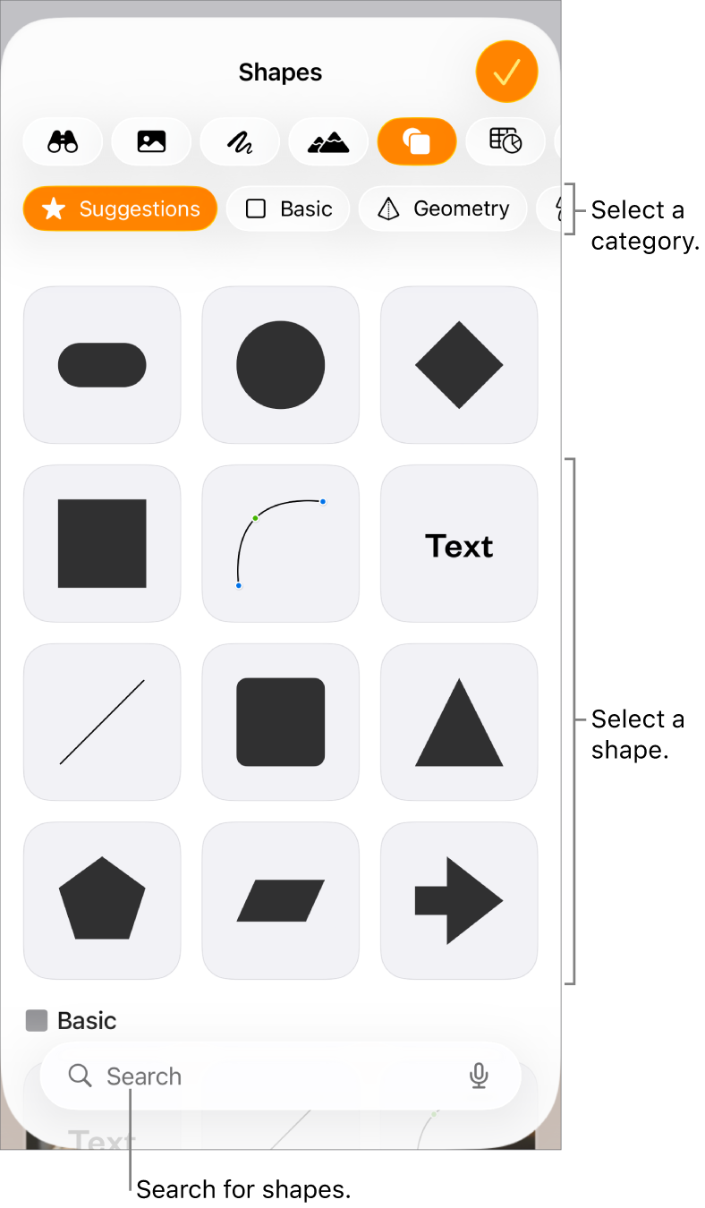 The shapes library, with categories at the top and shapes displayed below. You can use the search button at the top to find shapes and swipe to see more.