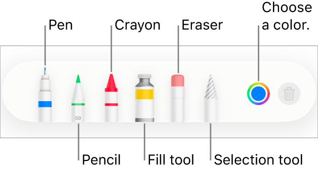 The drawing toolbar in Pages on iPhone with a pen, pencil, crayon, fill tool, eraser, selection tool, and color well showing the current color.