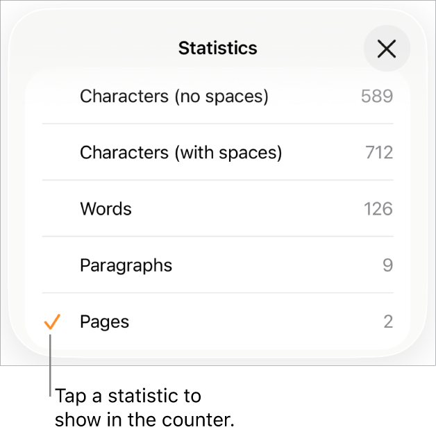 The Statistics menu showing options to show the number of characters without and with spaces, words count, paragraph count, and page count.