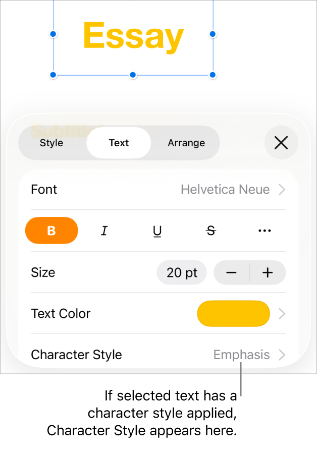 The Text formatting controls with Character Style below the Color controls. The character style None appears with an asterisk.