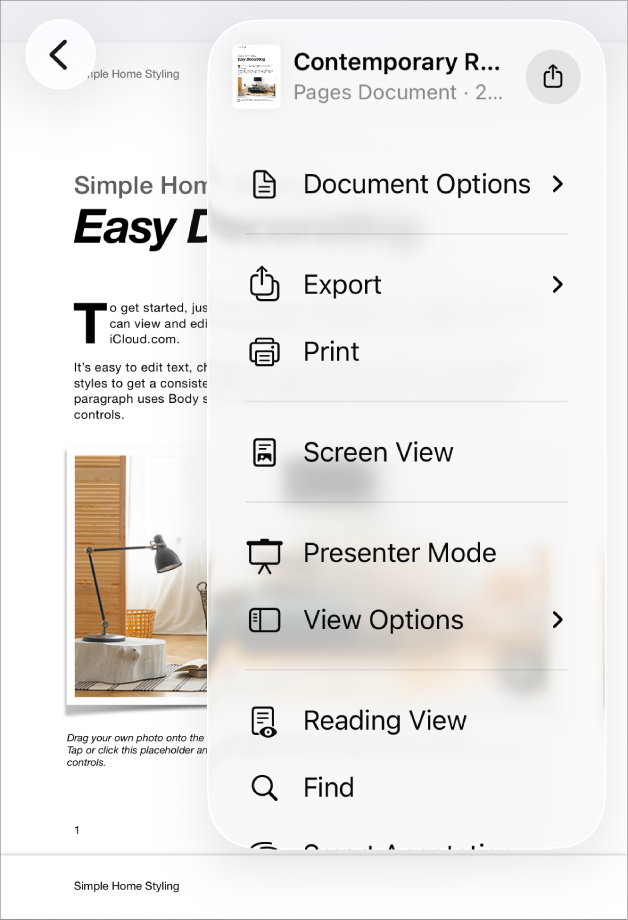Share menu appears, with send options at the top, and Copy, Export and Send, Print, New Quick Note, Add Tags, and Save to Files options below.